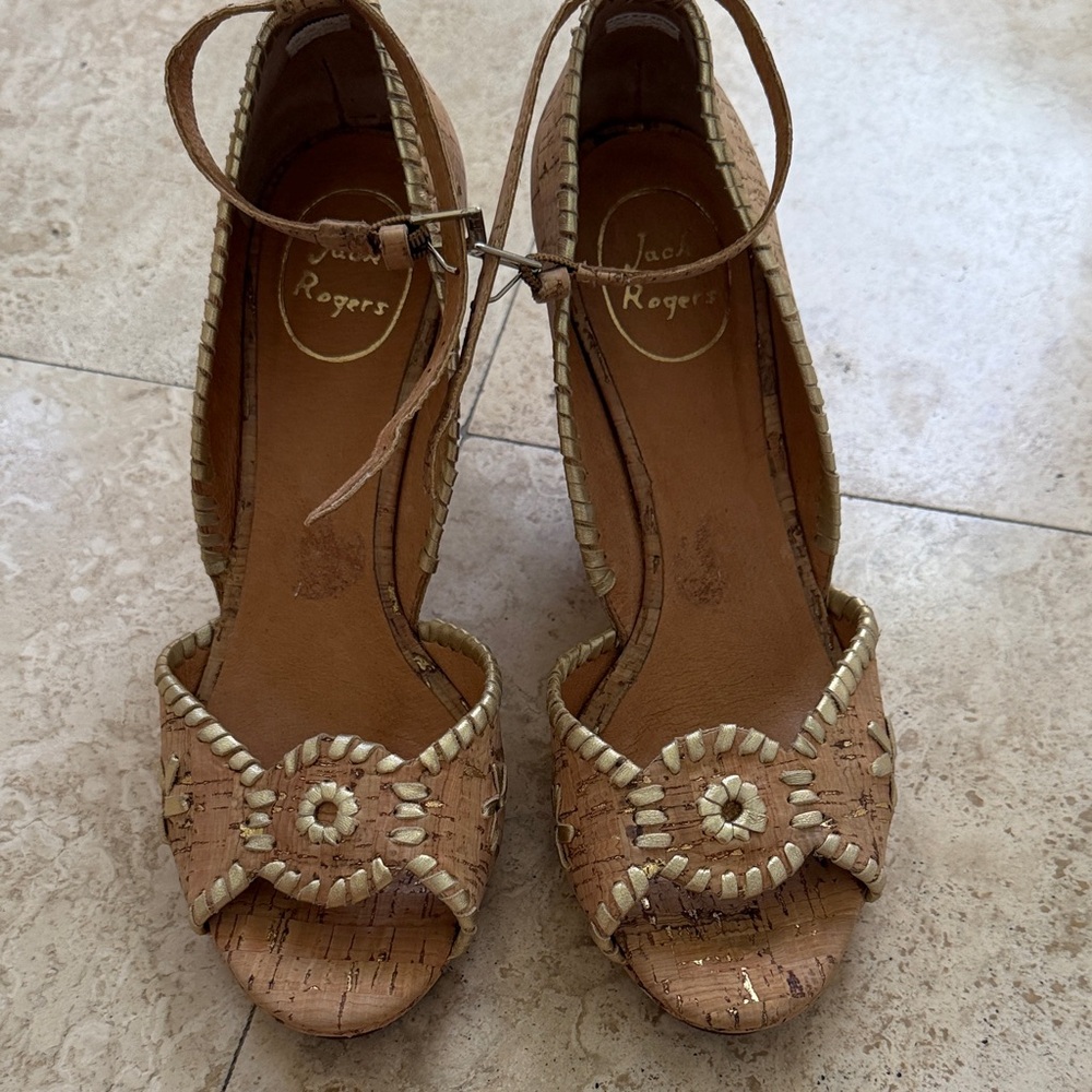 Jack Rogers Tan Cork Wedge Sandals with Ankle Tie